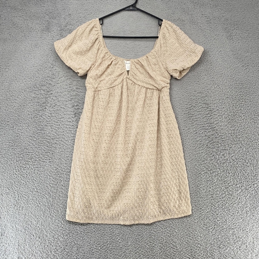 Urban Romantics FP Dress Womens Small Eyelet Lace‎ Babydoll Puff Sleeve Beige